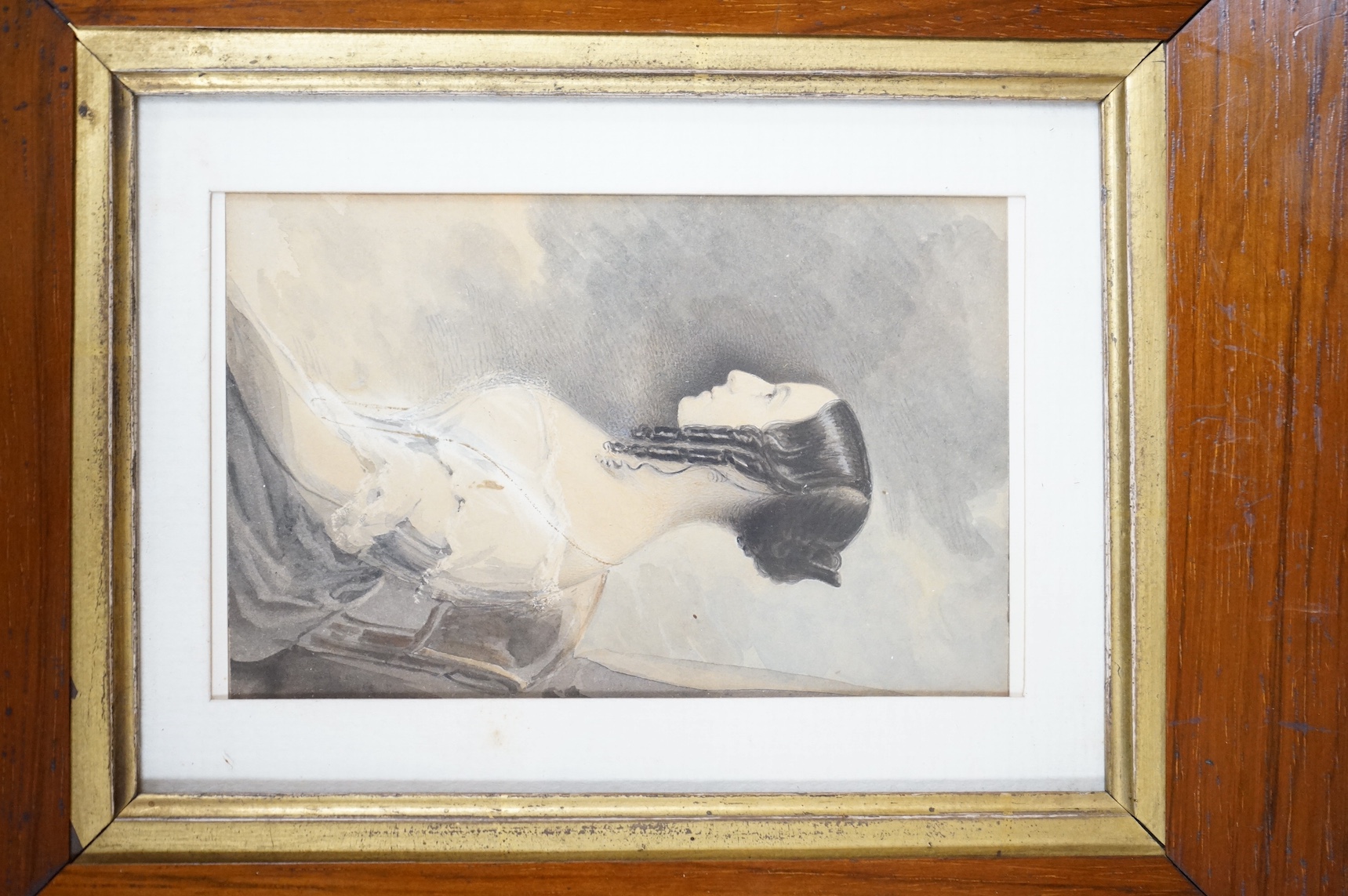 Mid 19th century watercolour, Portrait of Caroline Louisa Foster, inscribed and dated 1842 verso together with a pre-raphaelite style convex copper panel, Woman's head in profile, largest 13 x 8cm. Condition - fair to go